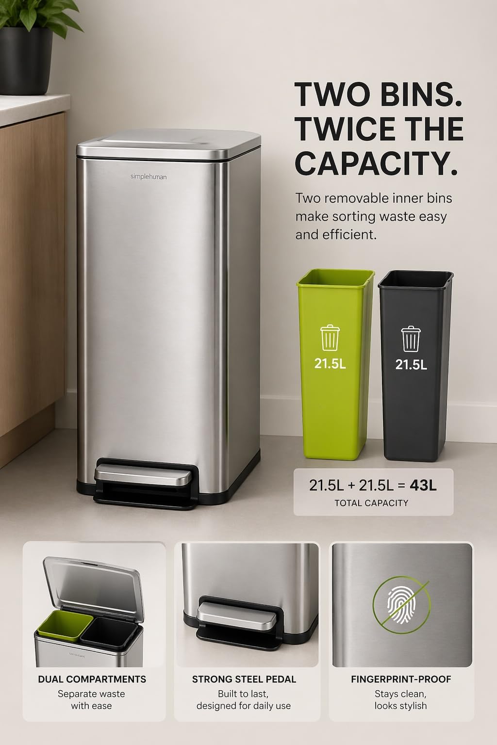 43L Dual Recycling Bin Stainless Steel E73772