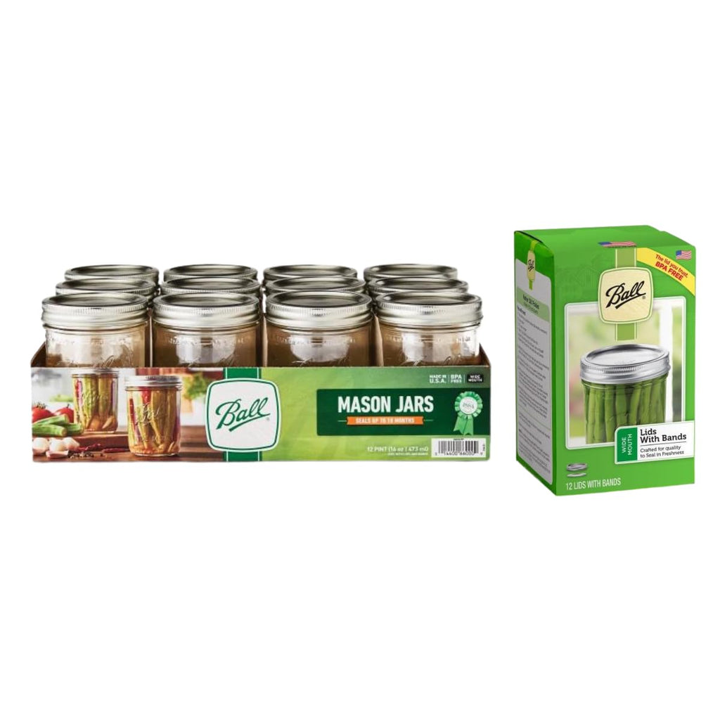 Wide Mouth Glass Mason Jars with Lids and Bands, 12 Pint Size 16 Ounce T65396