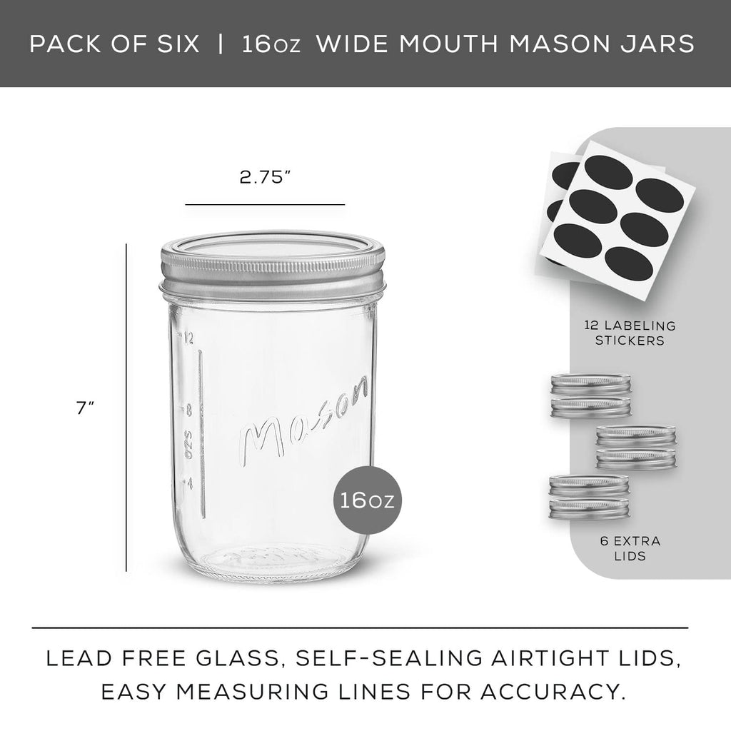 16 Oz 6-Pack Wide Mouth Glass Mason Jars with Lids M676997