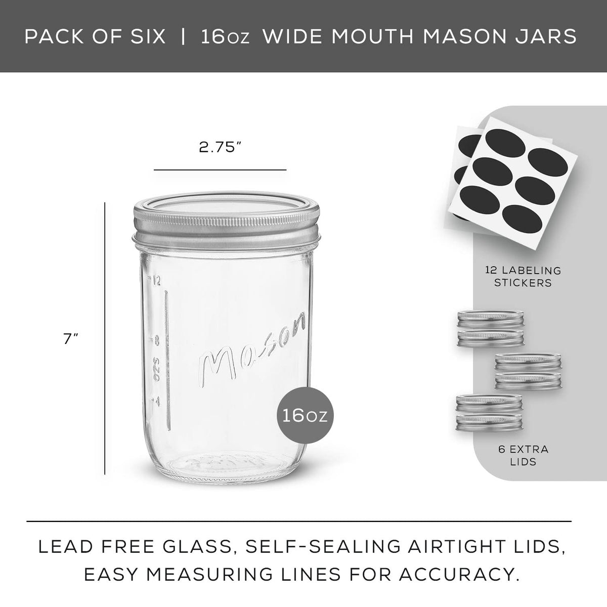 16 Oz 6-Pack Wide Mouth Glass Mason Jars with Lids M676997