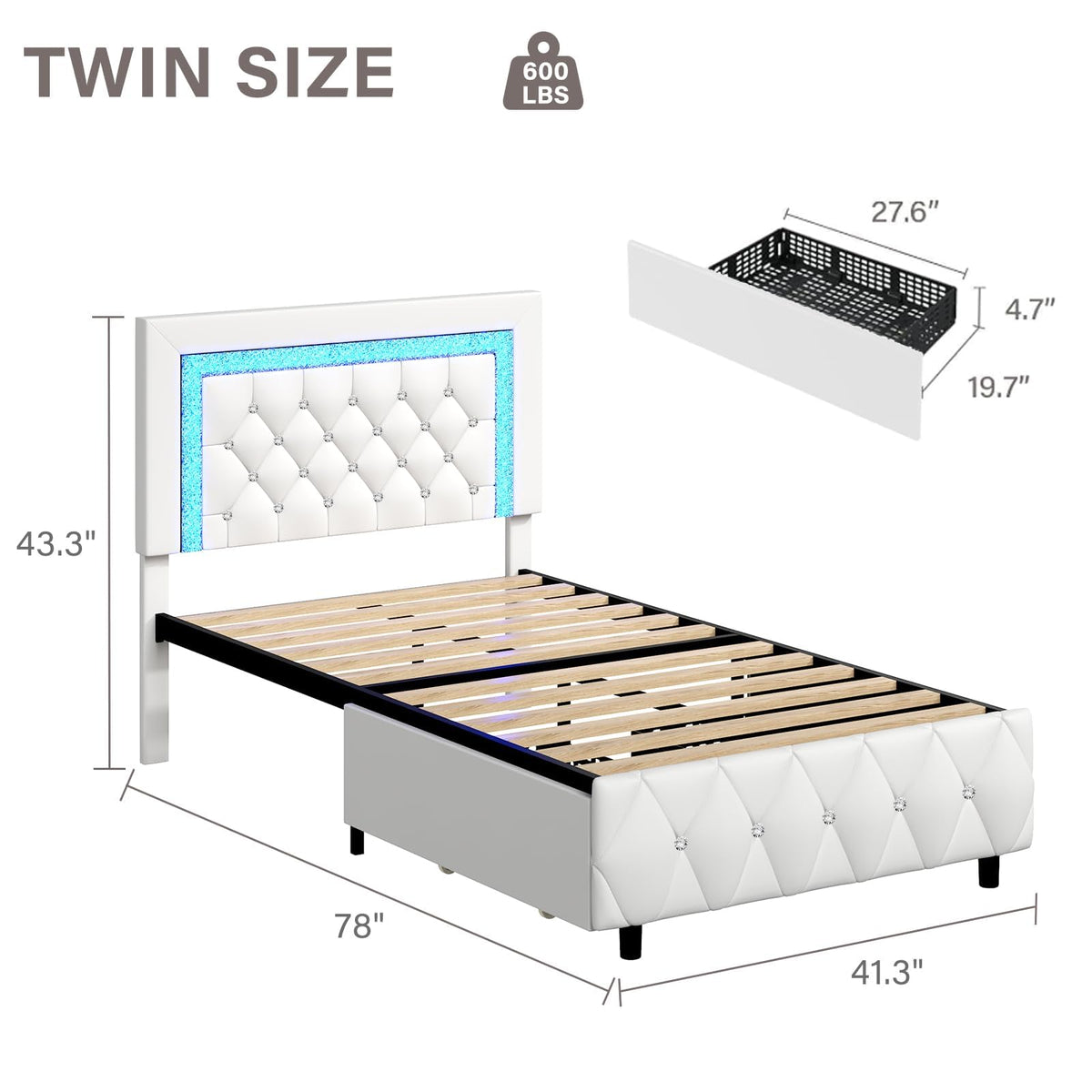 White Twin Bed Frame with Storage Drawers and LED Lights Q62733