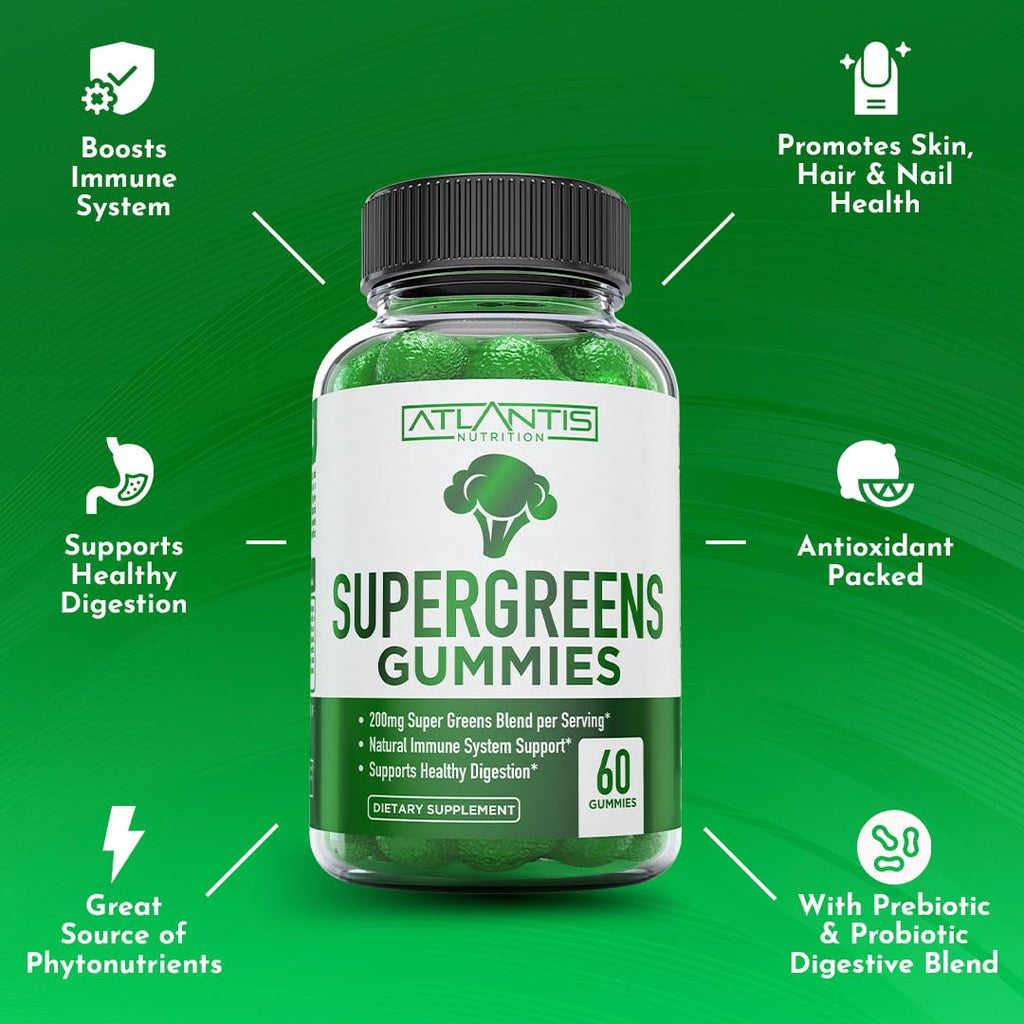 Supergreens Gummies Supplement with Spinach, Broccoli, Moringa, Beet Root, Celery, Green Tea, & Acai, Natural Raspberry Flavor, 60 cnt A821164