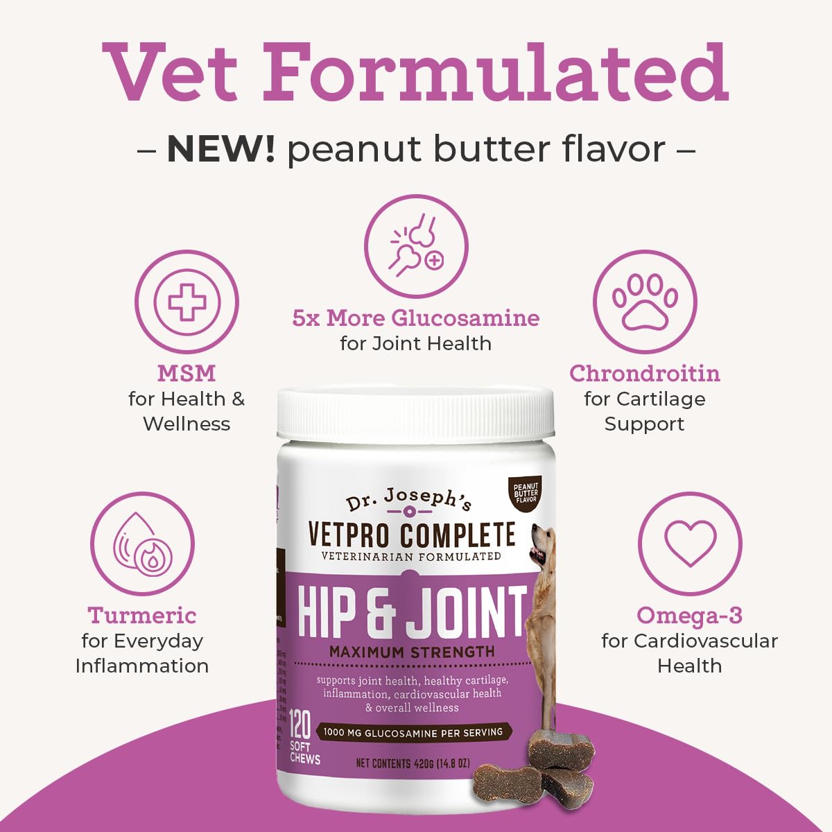 Glucosamine & Chondroitin Dog Joint Supplement Chews, Peanut Butter, 120 Ct P635