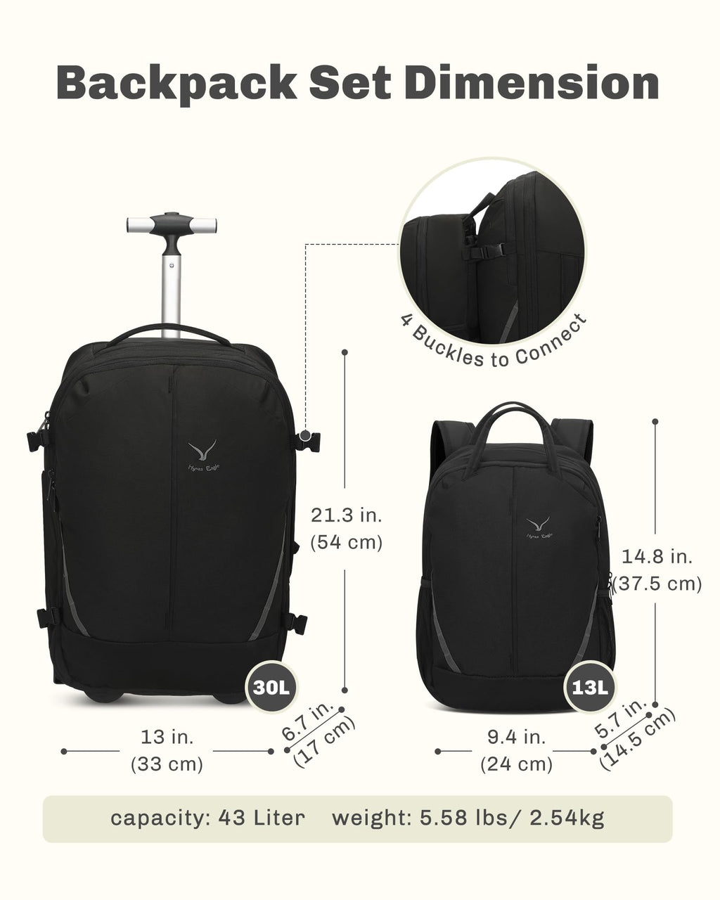 Rolling Backpack with Wheels 43L with Waist Pack Y3858