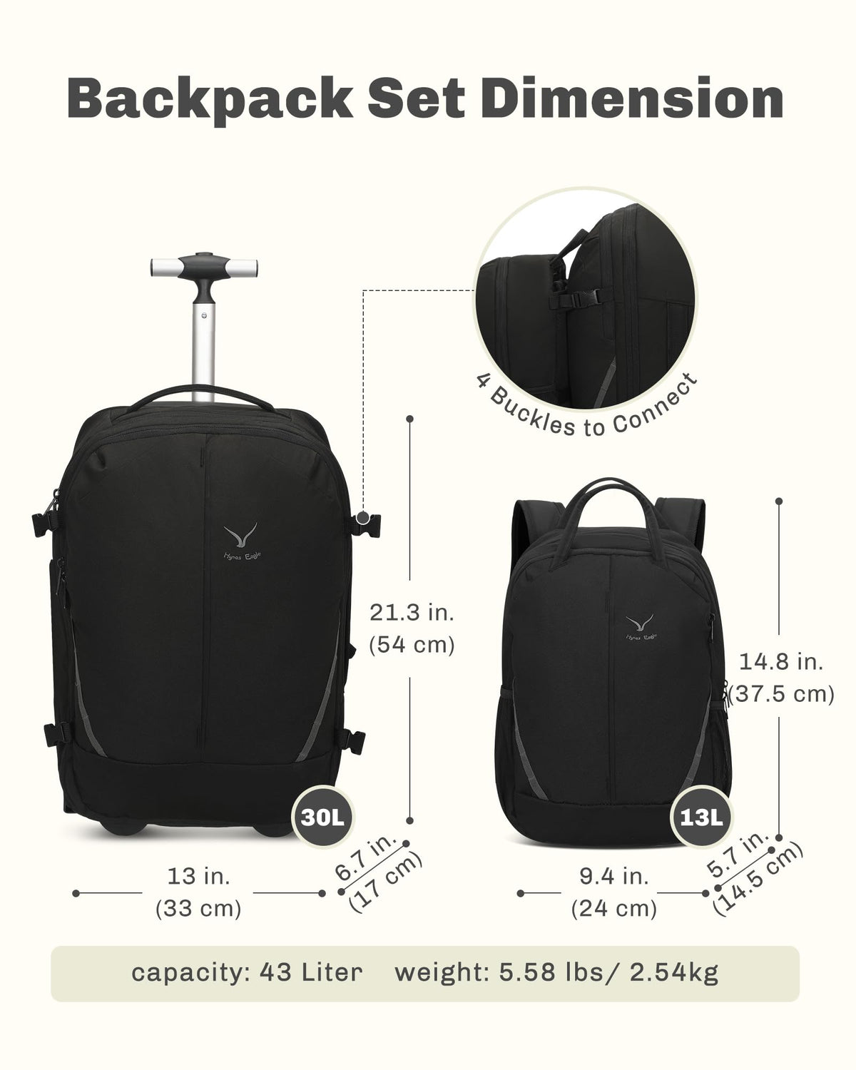 Rolling Backpack with Wheels 43L with Waist Pack Y3858