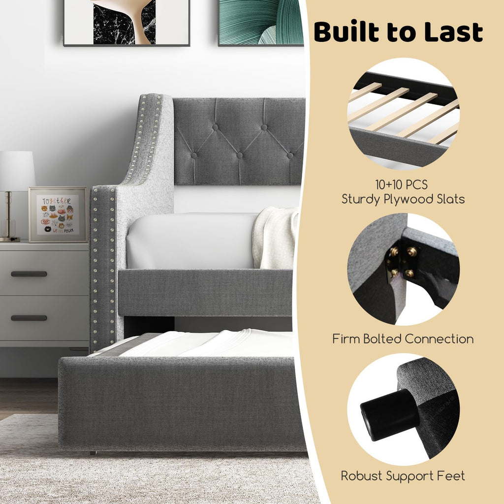 Grey Upholstered Twin Daybed with Trundle H46918