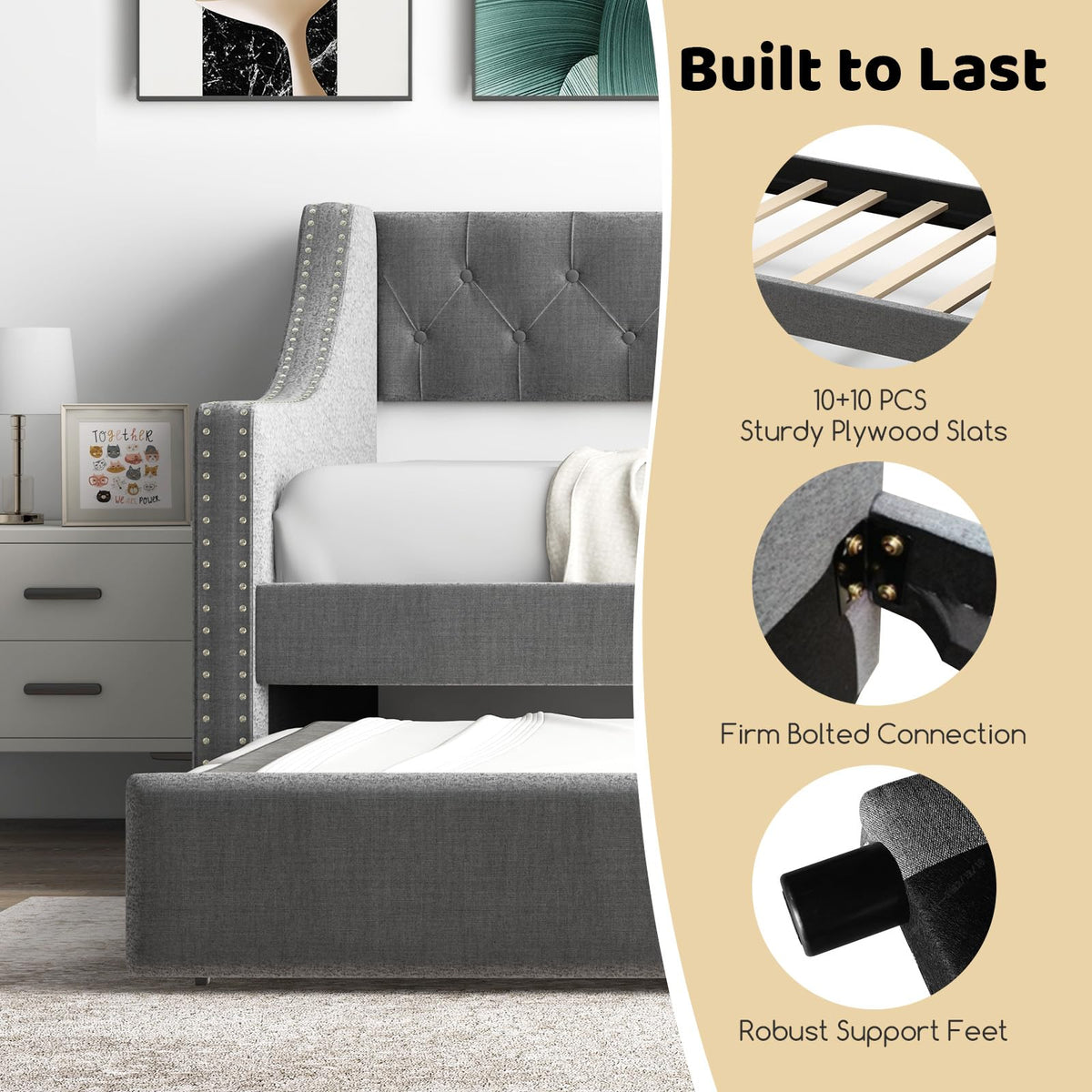 Grey Upholstered Twin Daybed with Trundle H46918