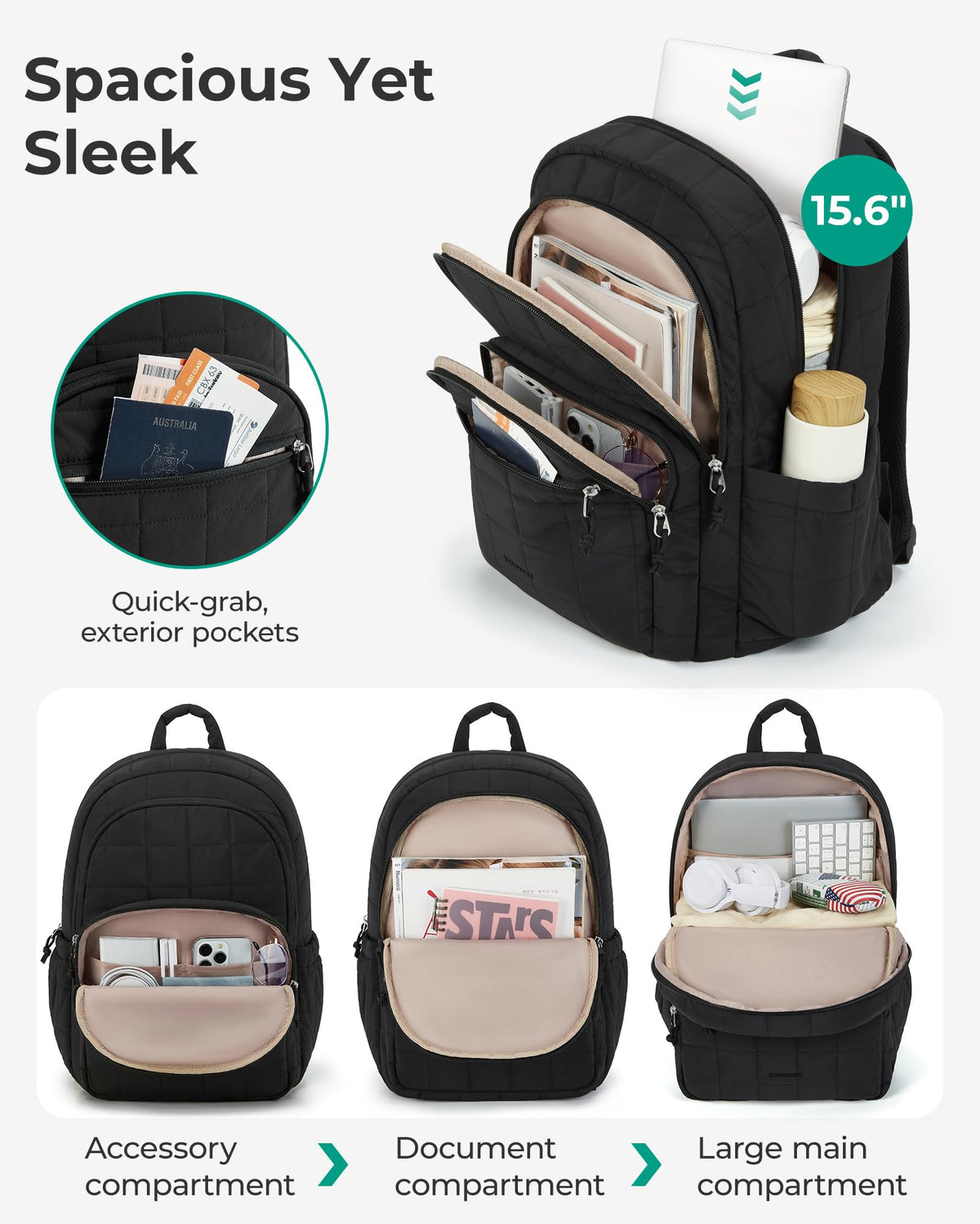 Black 15.6" Laptop Travel Backpack C418