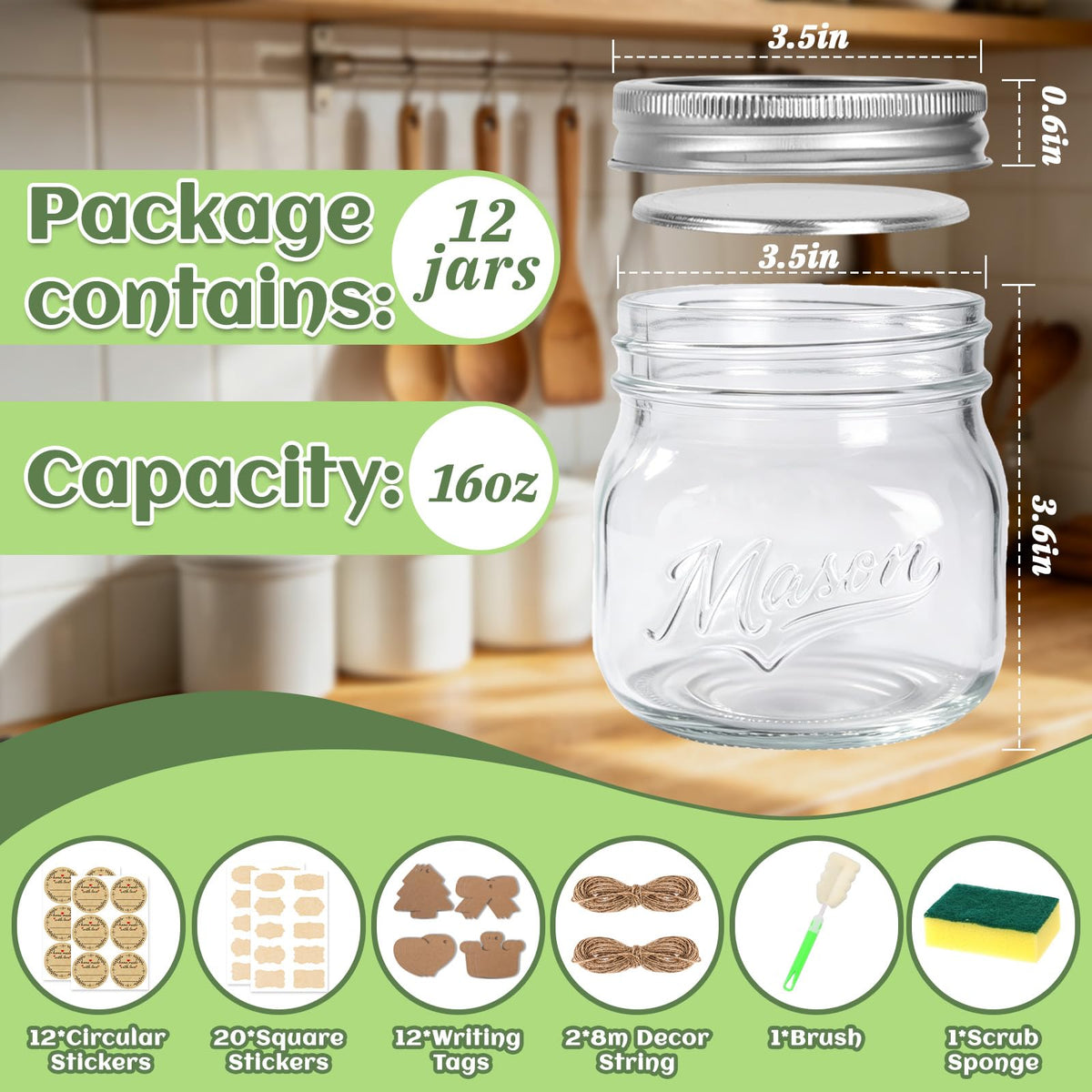 16 oz 12 Pack Wide Mouth Mason Jars with Lids J25321