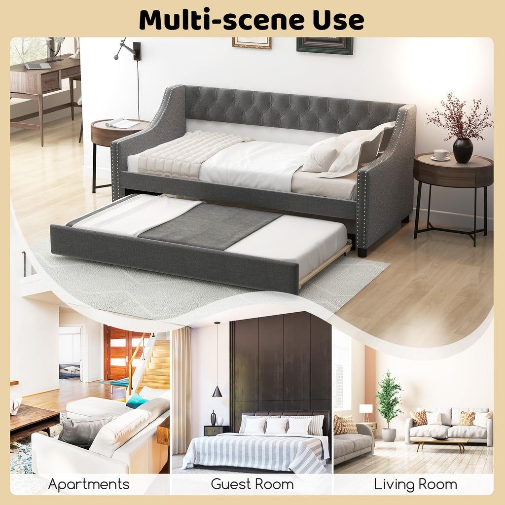 Grey Upholstered Twin Daybed with Trundle H46918