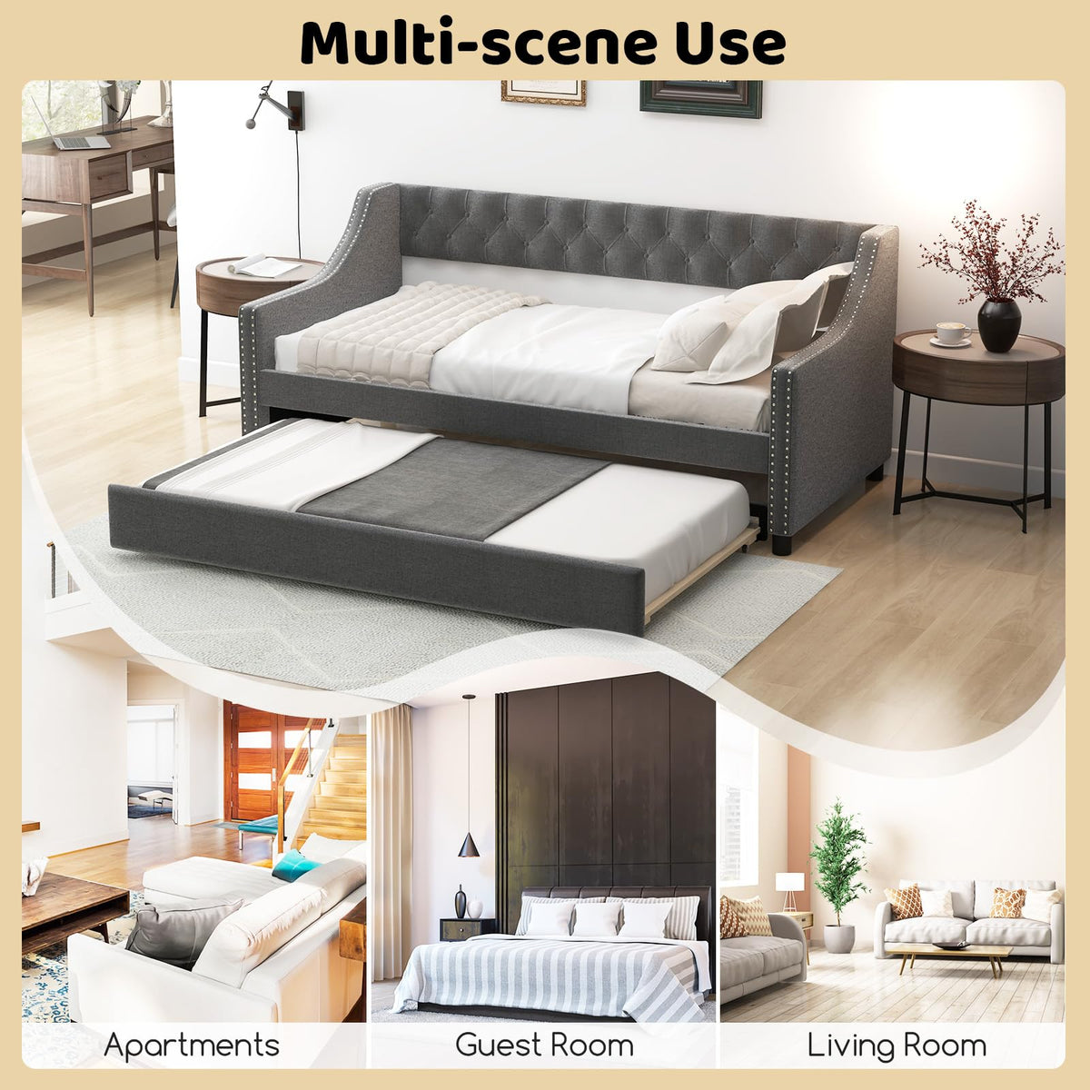 Grey Upholstered Twin Daybed with Trundle H46918