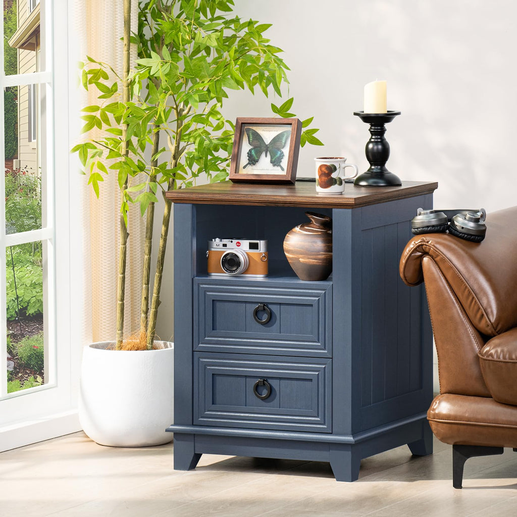 18" Blue Wooden Nightstand Set of 2 with Charging Station N438