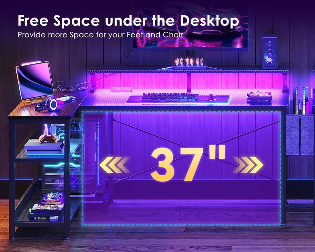 48 Inch L Shaped Gaming Desk with LED Lights and Power Outlets S7846