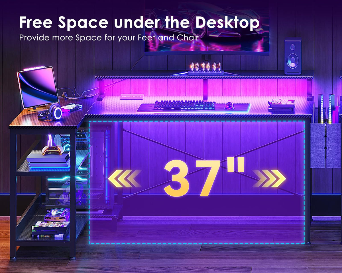48 Inch L Shaped Gaming Desk with LED Lights and Power Outlets S7846