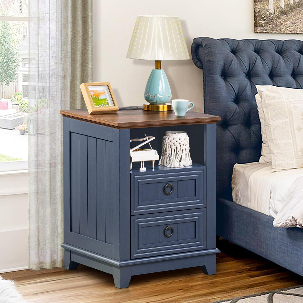 18" Blue Wooden Nightstand Set of 2 with Charging Station N438