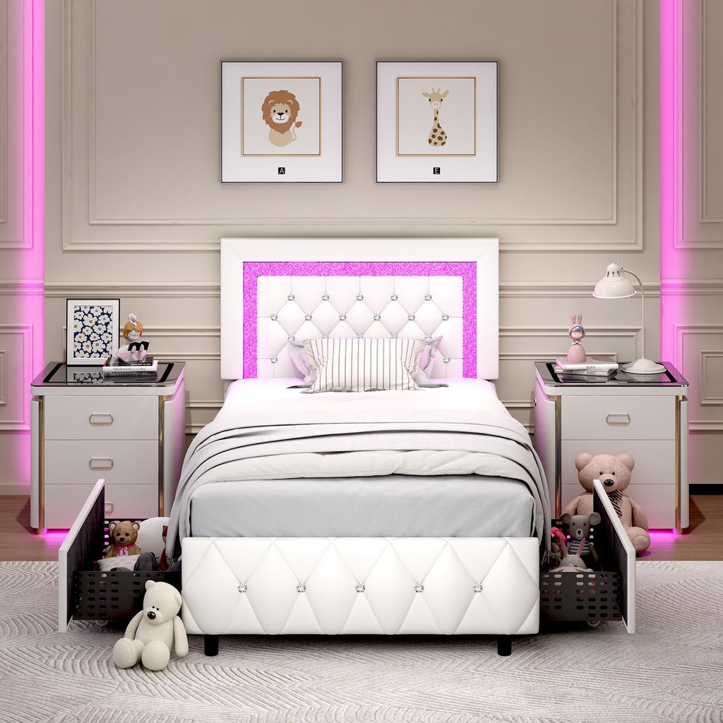 White Twin Bed Frame with Storage Drawers and LED Lights Q62733