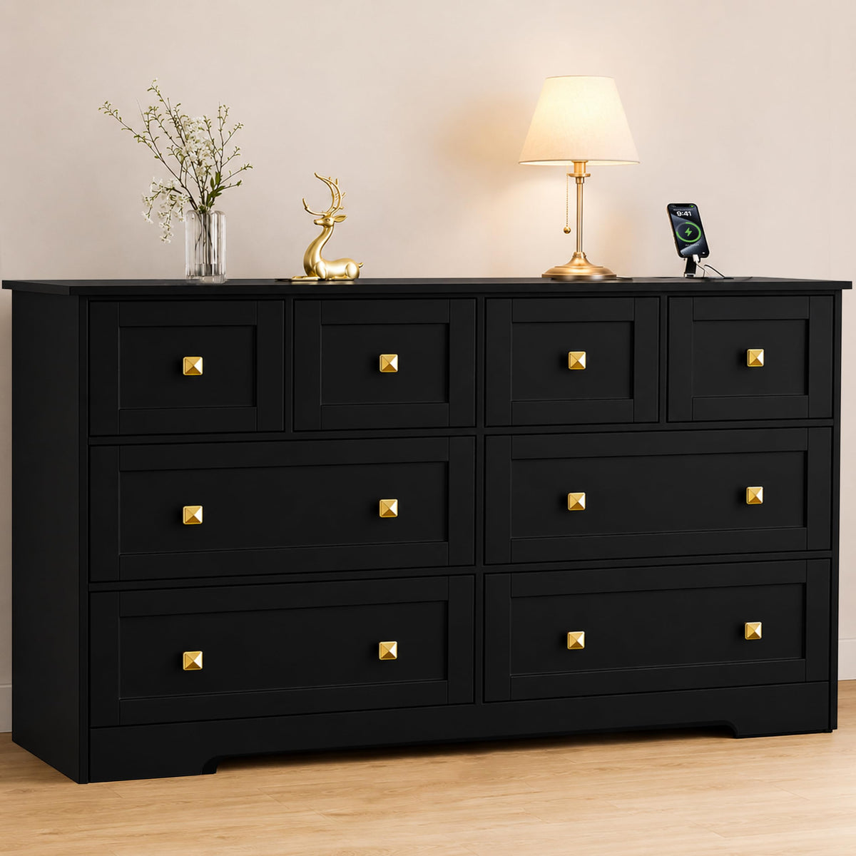 Black 8 Drawer Wood Dresser with Metal Handle K62868