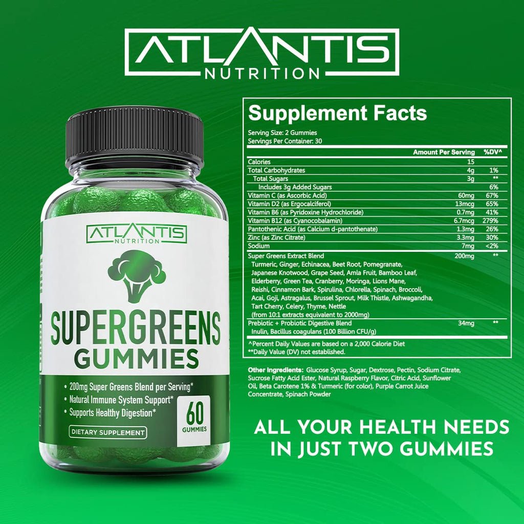 Supergreens Gummies Supplement with Spinach, Broccoli, Moringa, Beet Root, Celery, Green Tea, & Acai, Natural Raspberry Flavor, 60 cnt A821164