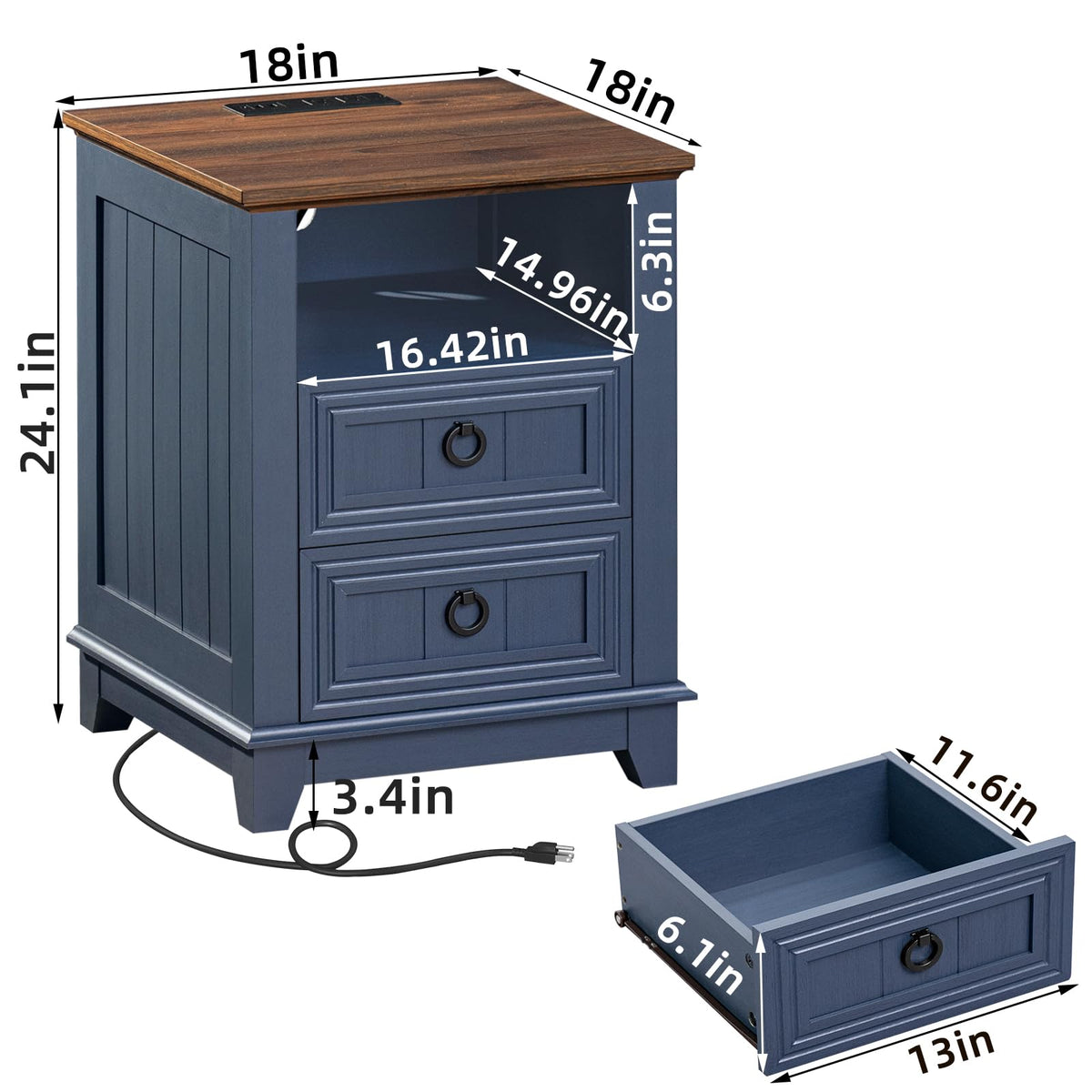 18" Blue Wooden Nightstand Set of 2 with Charging Station N438