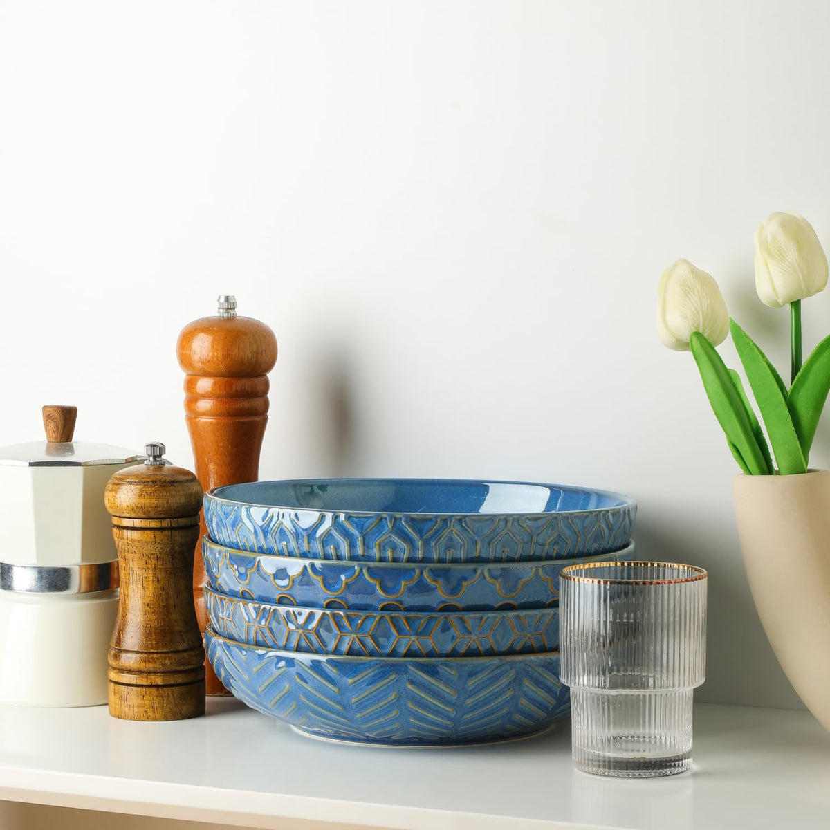 Blue 30oz Embossed Pasta Bowls Set of 4 C23945