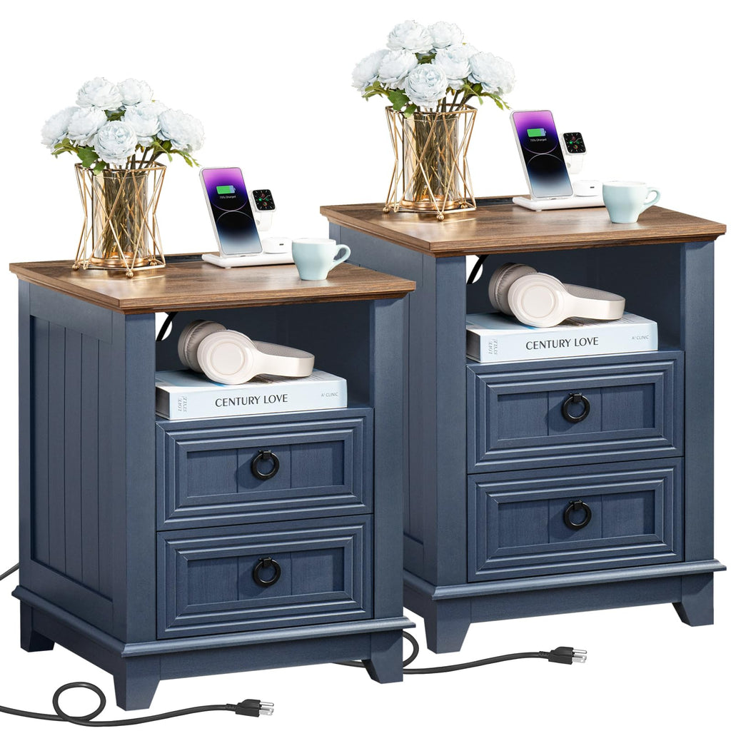 18" Blue Wooden Nightstand Set of 2 with Charging Station N438