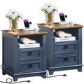 18" Blue Wooden Nightstand Set of 2 with Charging Station N438
