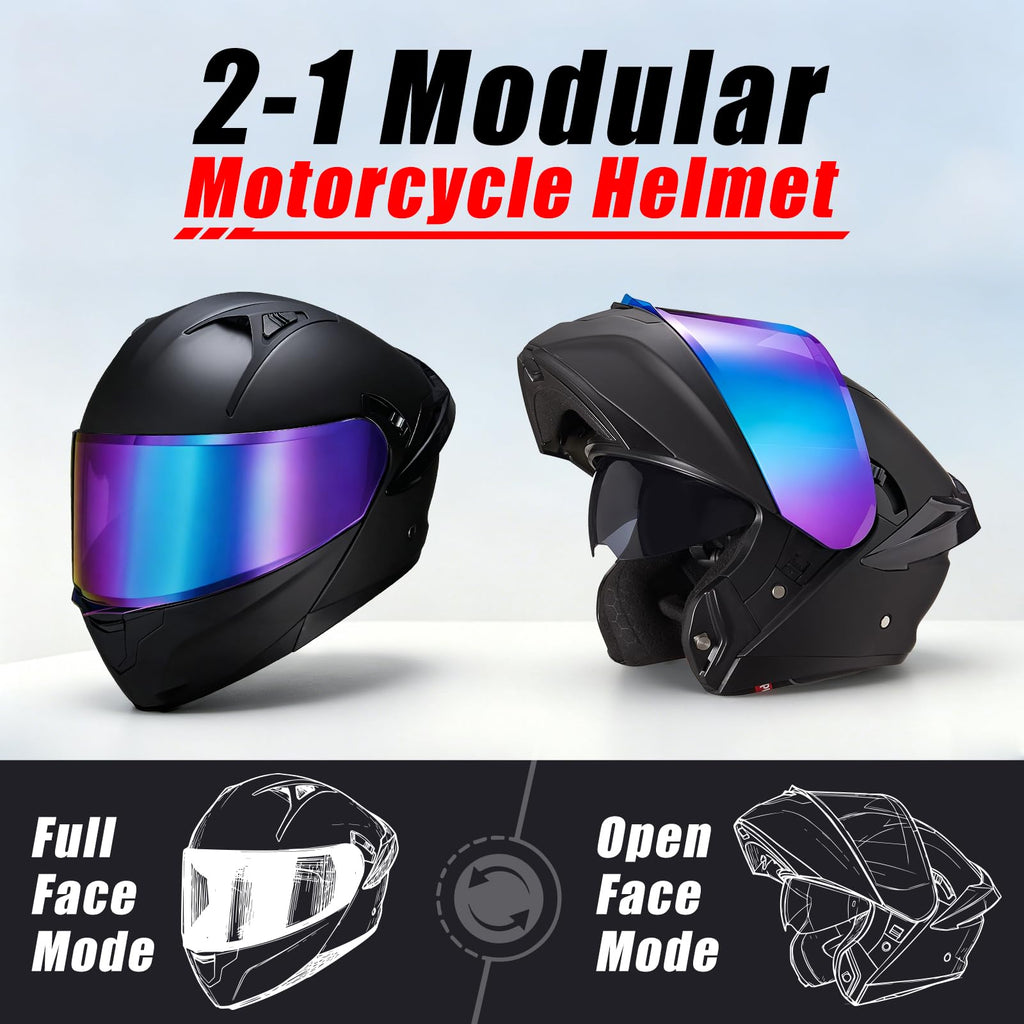 Modular Motorcycle Helmet Dual Visor Flip Up Full Face Matte Black XXL H1725
