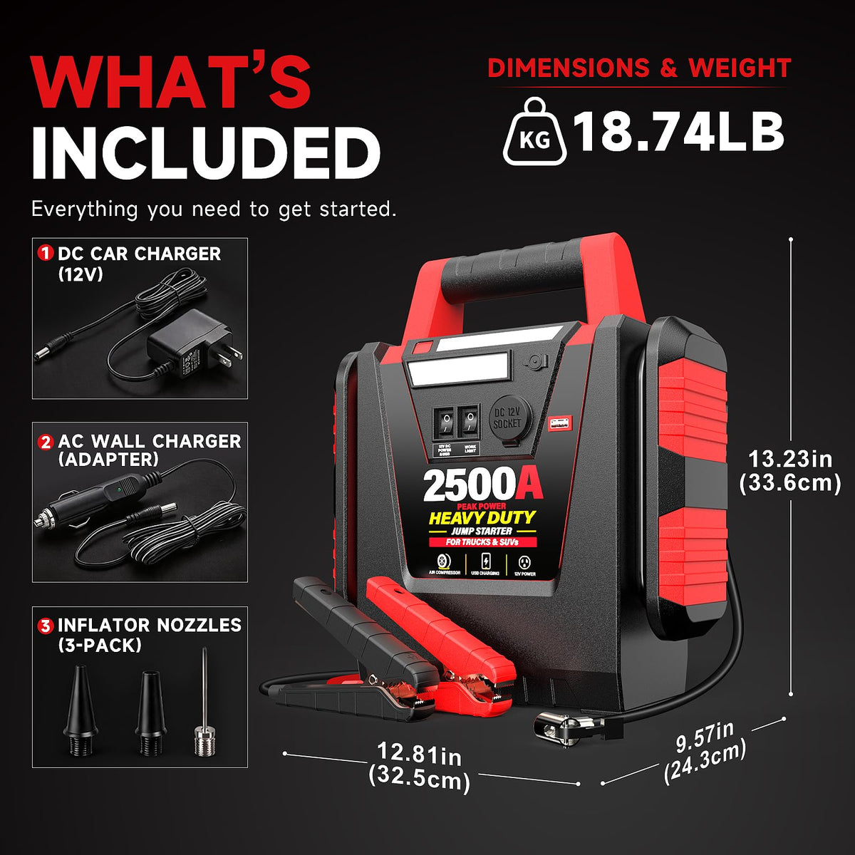 12V Portable Car Jump Starter with Air Compressor and Work Light B722