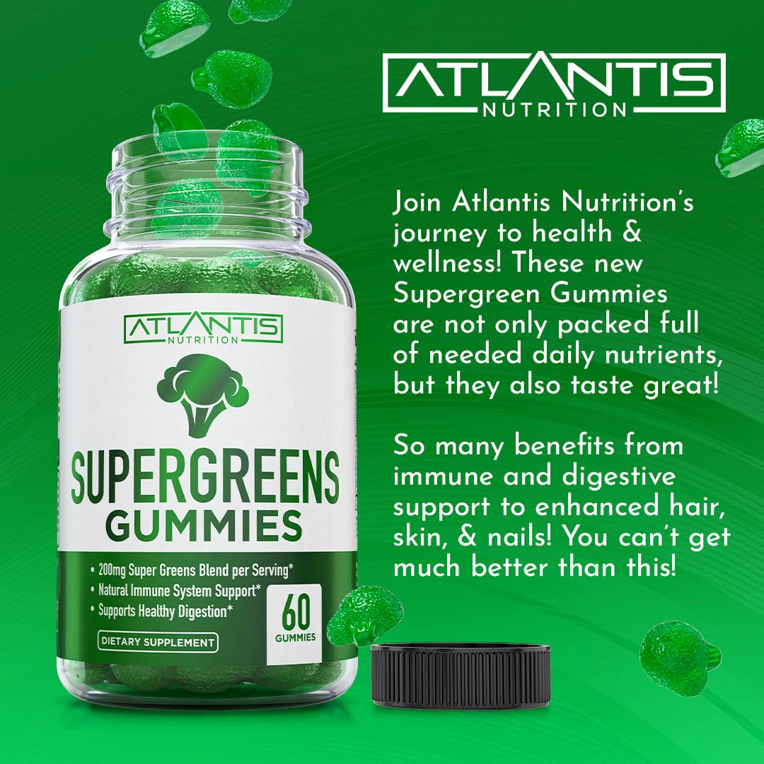 Supergreens Gummies Supplement with Spinach, Broccoli, Moringa, Beet Root, Celery, Green Tea, & Acai, Natural Raspberry Flavor, 60 cnt A821164