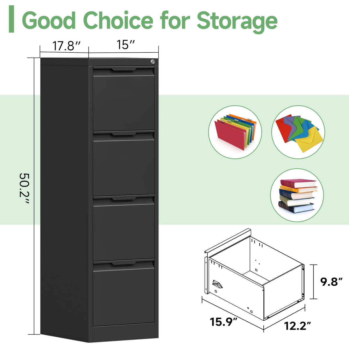 Black 4 Drawer Metal File Cabinet with Lock R7473