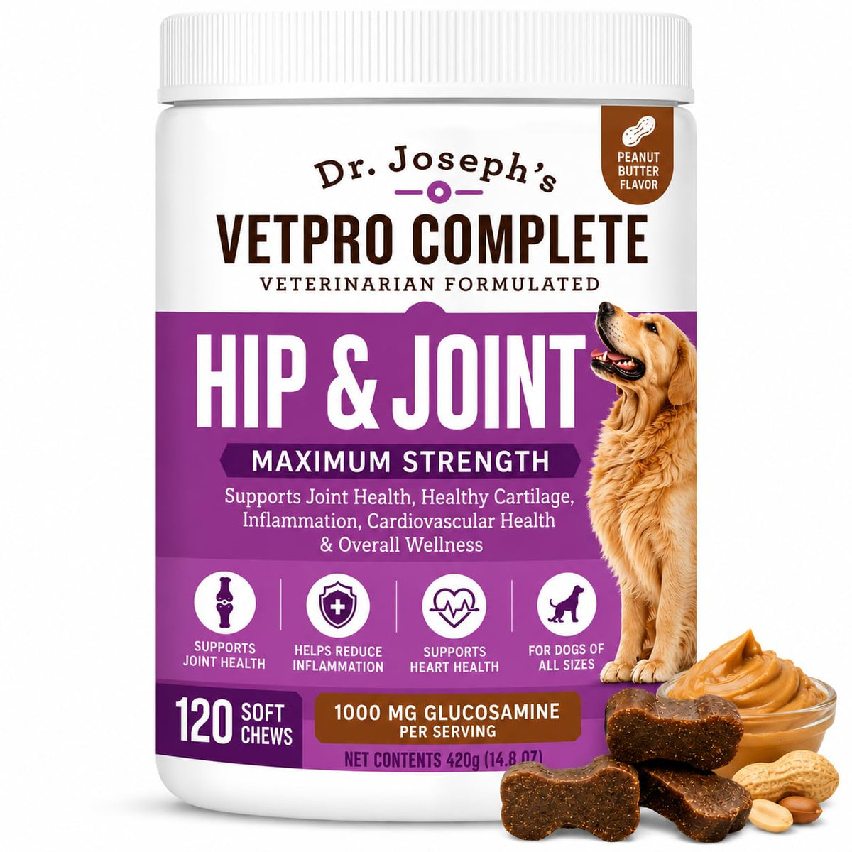 Glucosamine & Chondroitin Dog Joint Supplement Chews, Peanut Butter, 120 Ct P635