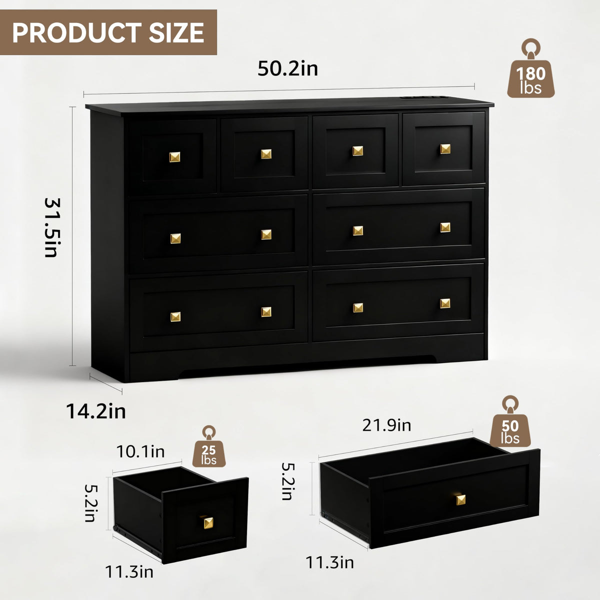 Black 8 Drawer Wood Dresser with Metal Handle K62868