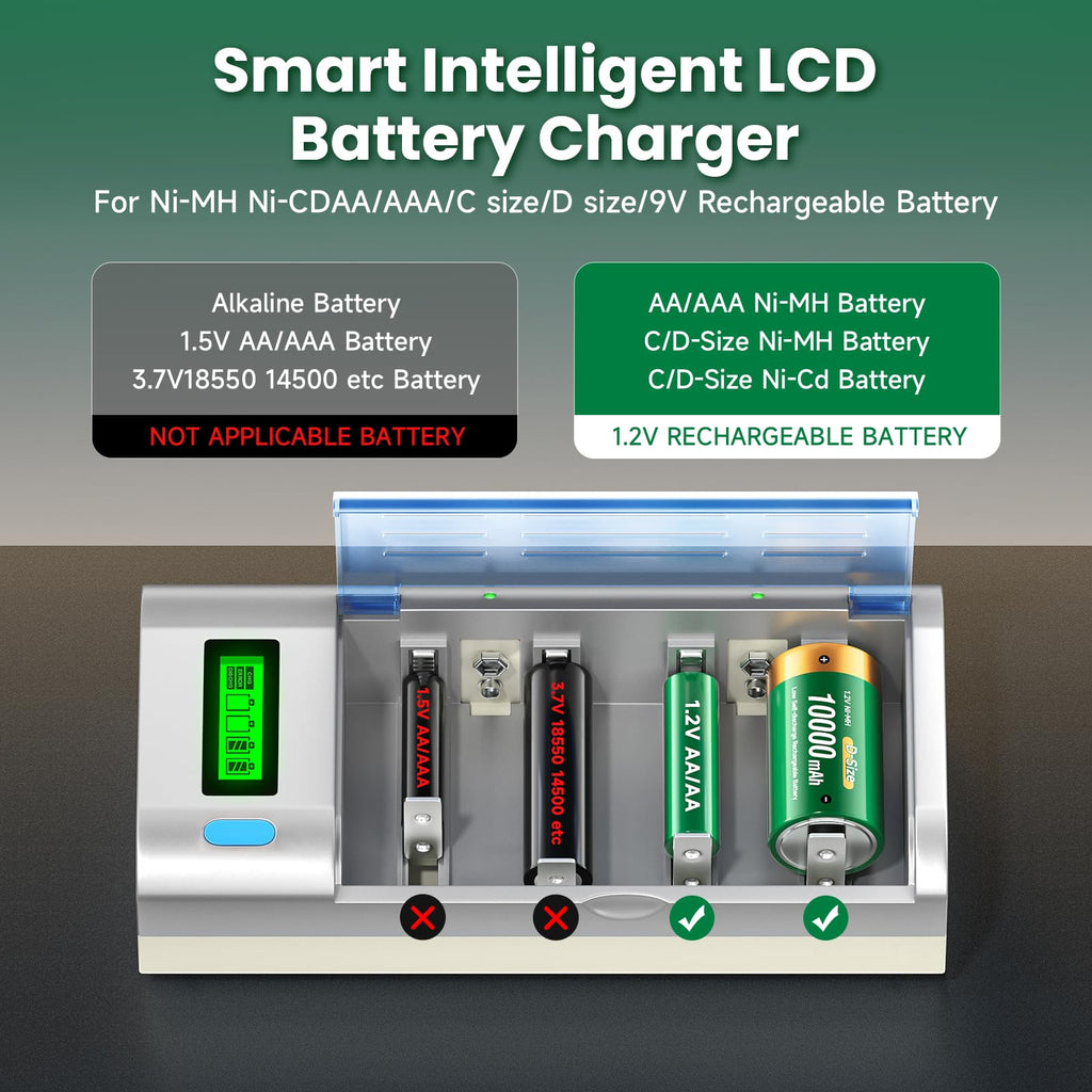 10000mAh Rechargeable D Batteries 6 Counts and Universal Battery Charger T634276