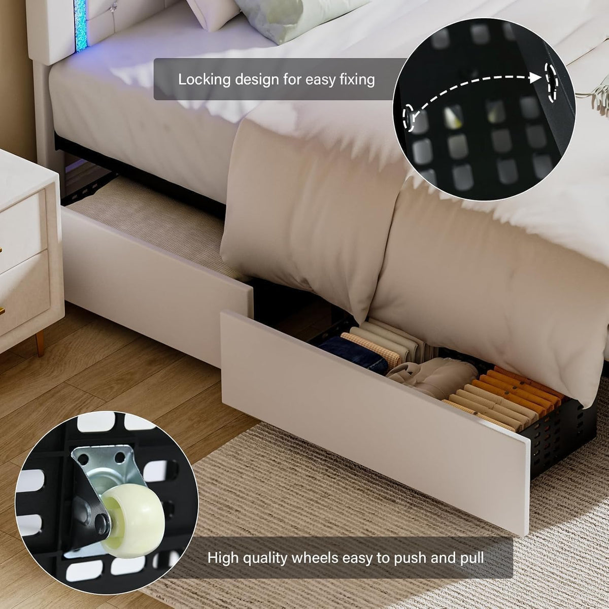 White Twin Bed Frame with Storage Drawers and LED Lights Q62733