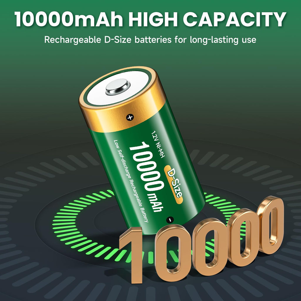 10000mAh Rechargeable D Batteries 6 Counts and Universal Battery Charger T634276
