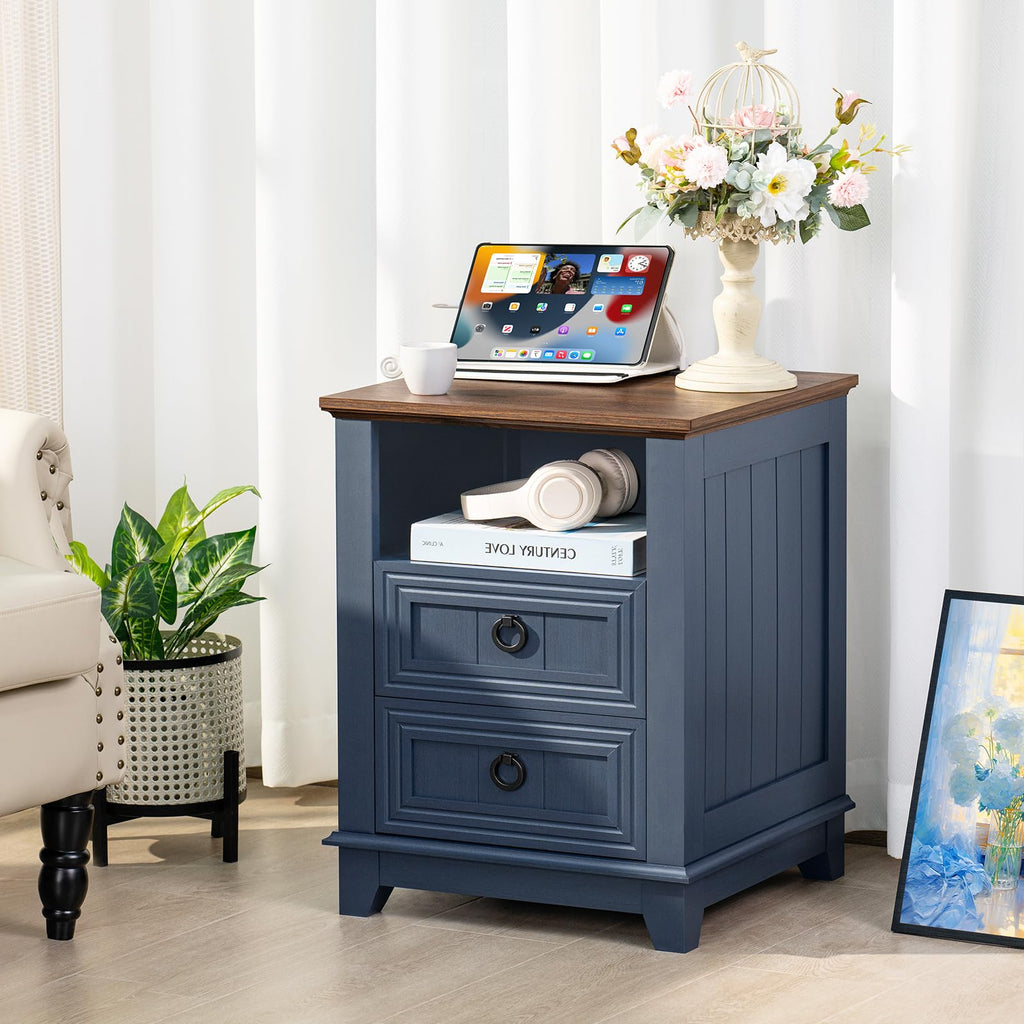 18" Blue Wooden Nightstand Set of 2 with Charging Station N438