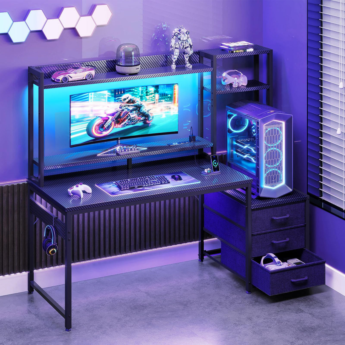 48 Inch Gaming Desk with Shelves and Drawers C28253