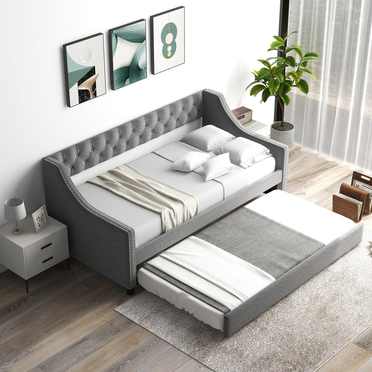 Grey Upholstered Twin Daybed with Trundle H46918