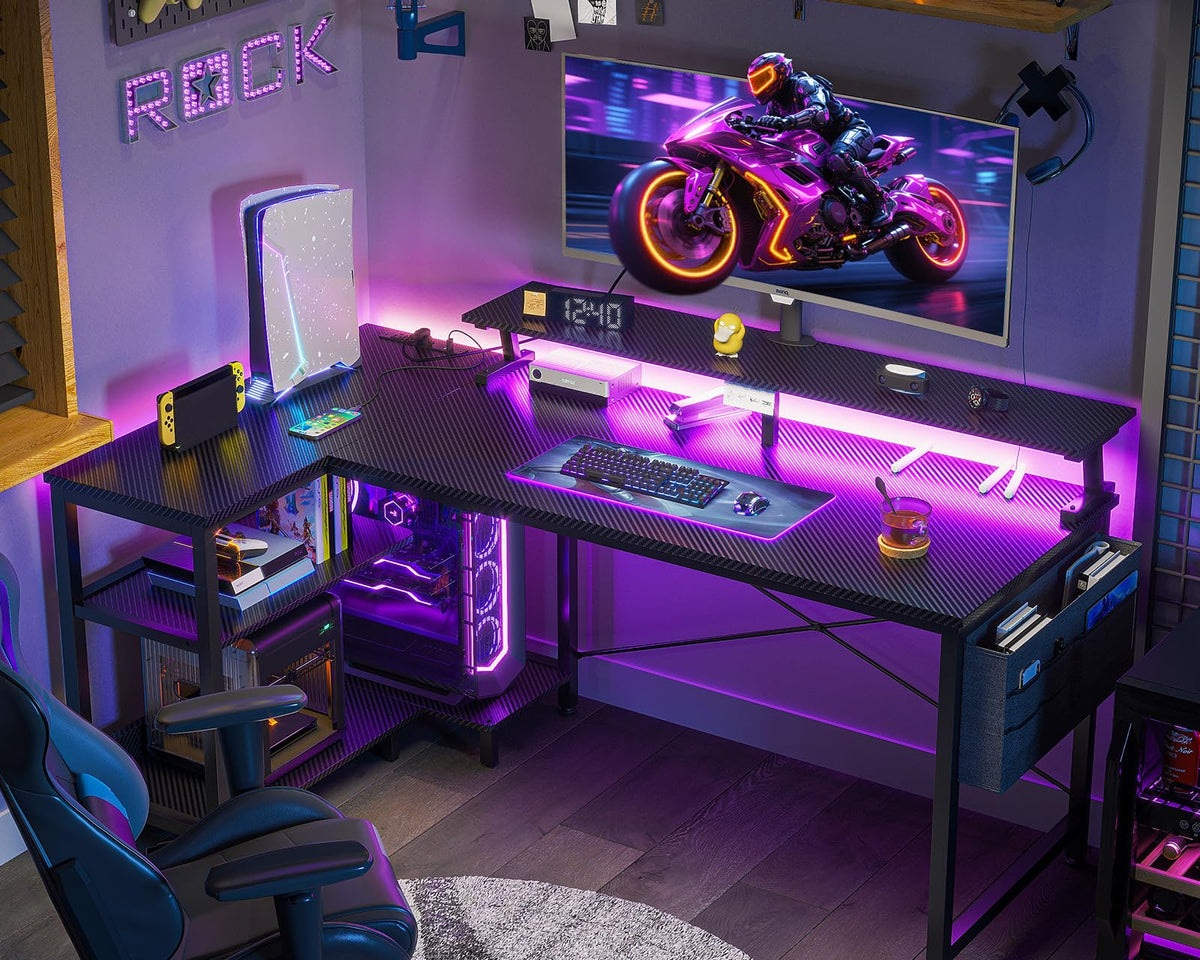 48 Inch L Shaped Gaming Desk with LED Lights and Power Outlets S7846