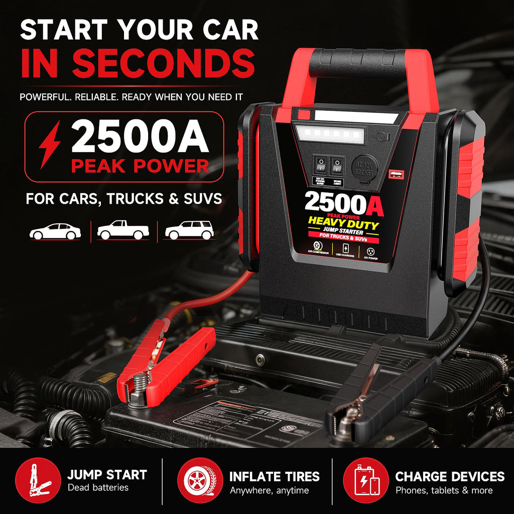 12V Portable Car Jump Starter with Air Compressor and Work Light B722