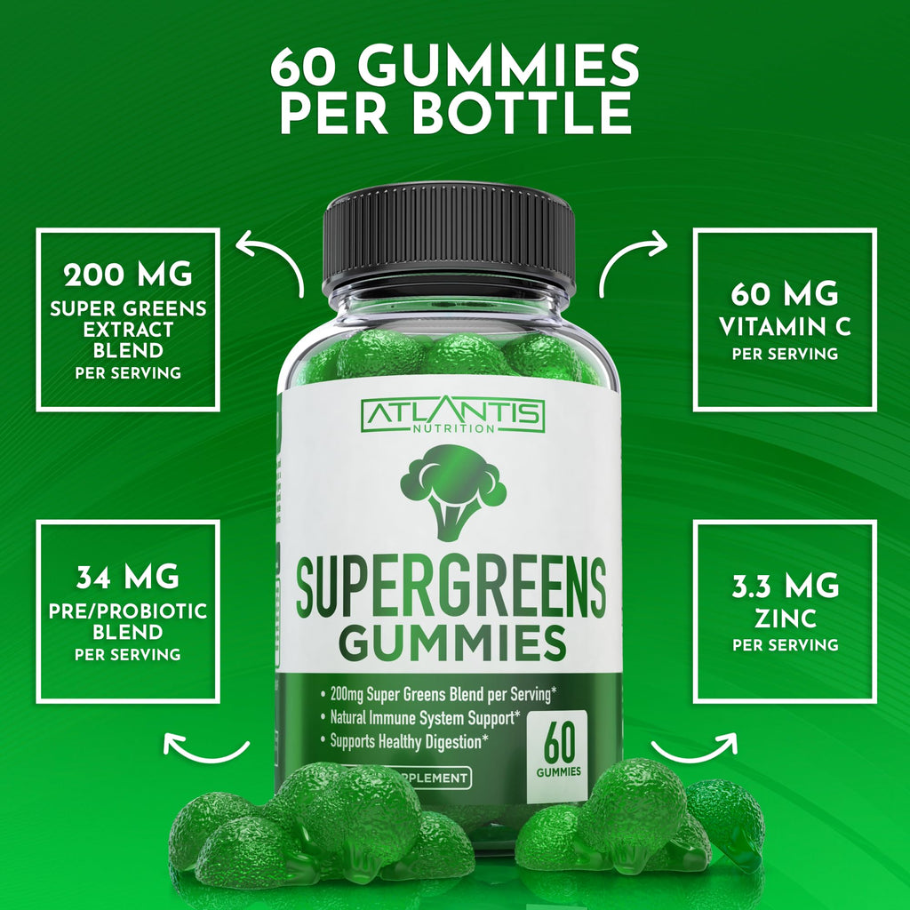 Supergreens Gummies Supplement with Spinach, Broccoli, Moringa, Beet Root, Celery, Green Tea, & Acai, Natural Raspberry Flavor, 60 cnt A821164