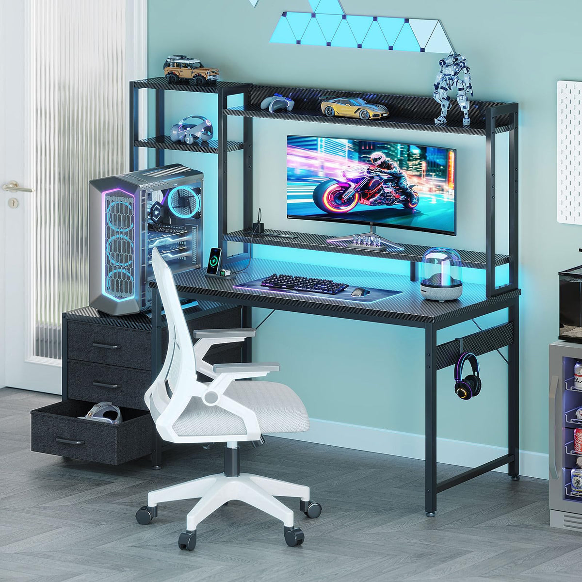 48 Inch Gaming Desk with Shelves and Drawers C28253