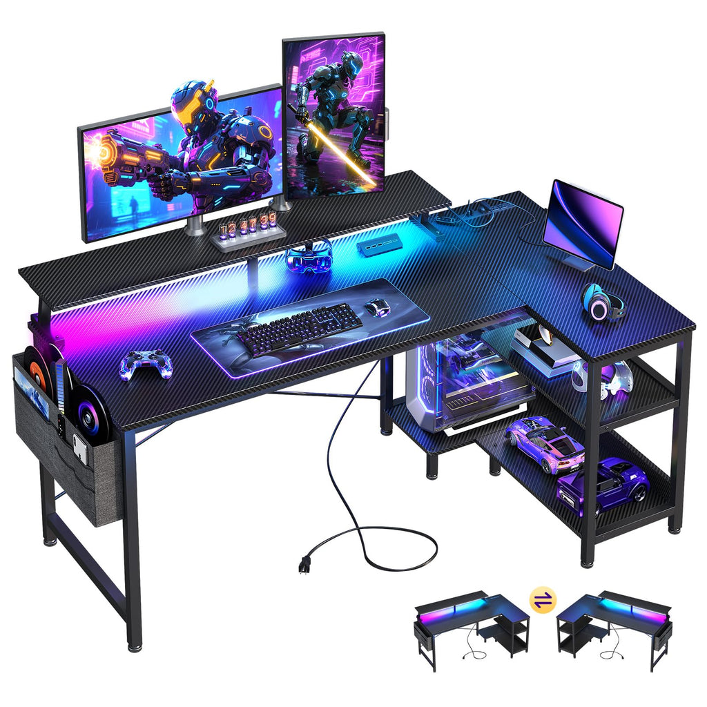 48 Inch L Shaped Gaming Desk with LED Lights and Power Outlets S7846