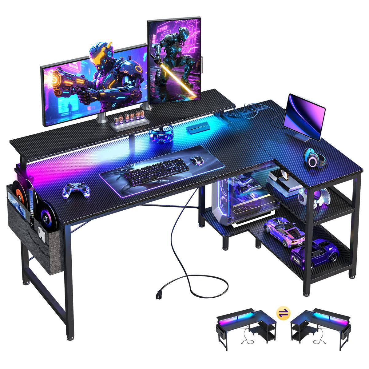 48 Inch L Shaped Gaming Desk with LED Lights and Power Outlets S7846