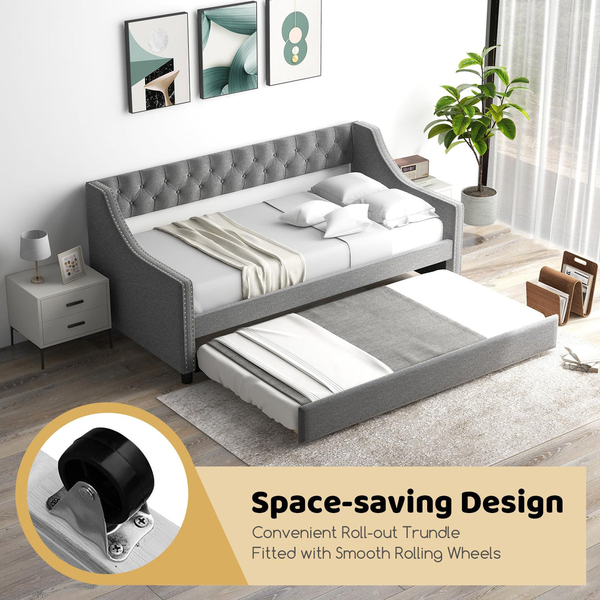 Grey Upholstered Twin Daybed with Trundle H46918
