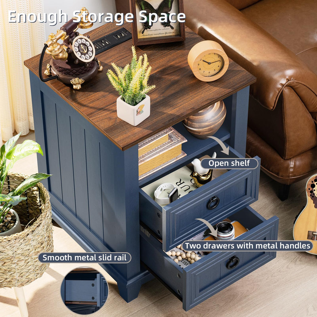 18" Blue Wooden Nightstand Set of 2 with Charging Station N438