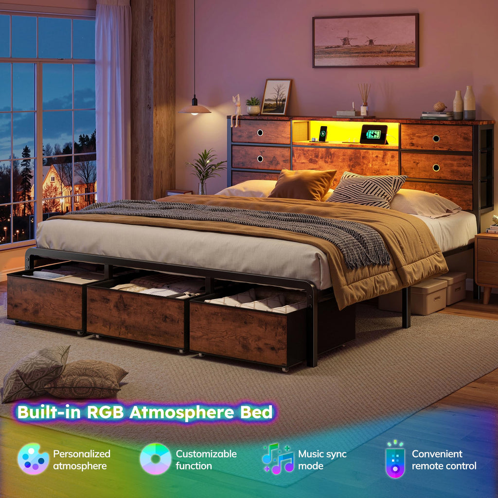 King Size Bed Frame with 9 Drawers and Charging Station O3737