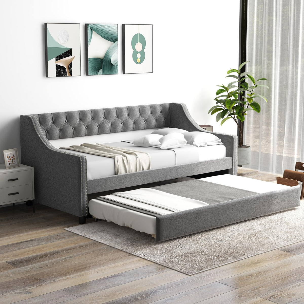 Grey Upholstered Twin Daybed with Trundle H46918