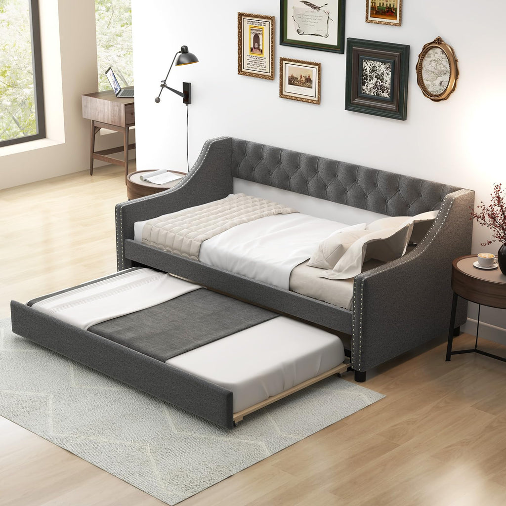 Grey Upholstered Twin Daybed with Trundle H46918