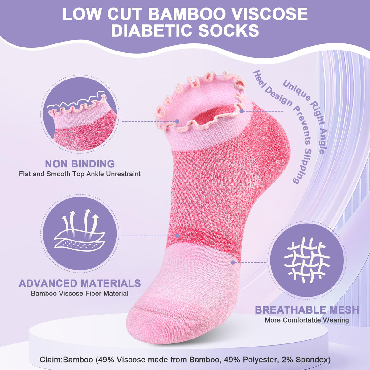 Diabetic Ankle Socks 6 Pairs Low Cut Non Binding F336